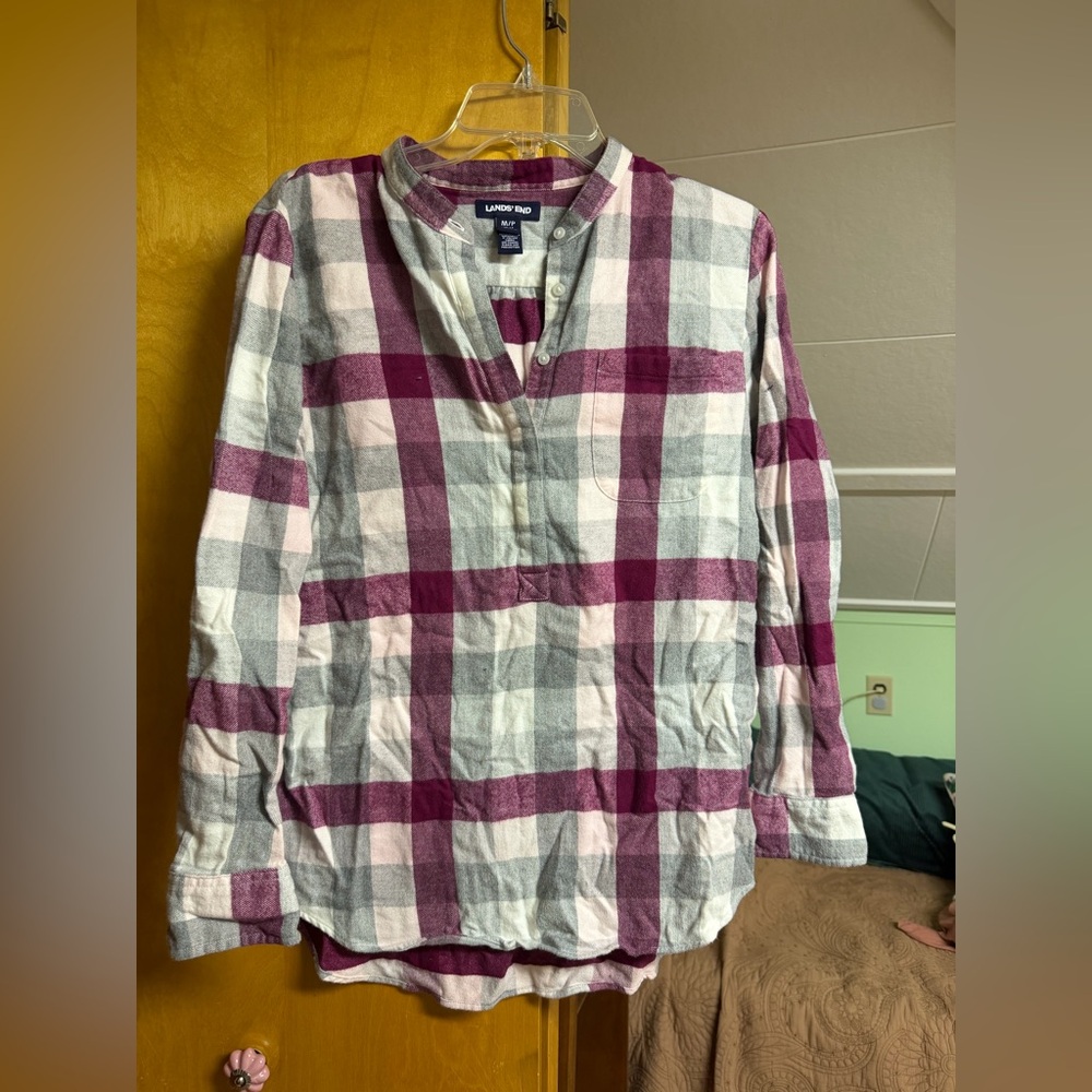 NWOT Lands' End Women’s Plaid Shirt- Burgundy, Pink, and Gray